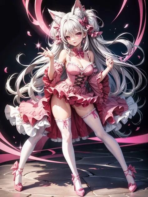 Silver hair, pink eyes, body, cat ears, woman, earrings, fantasy background, pink red clothes, hair bows, happy face, full body