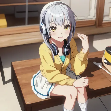 White Hair、Smooth Hair、Highest quality, Very detailed, (masterpiece),Perfect proportions、Yellow cardigan、White Skirt、White socks、Headphones on neck、Long sleeve、smile、One girl