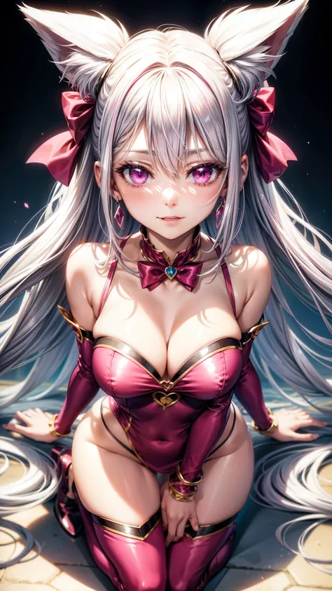 Silver hair, pink eyes, body, cat ears, woman, earrings, fantasy background, pink red clothes, hair bows, happy face, full body