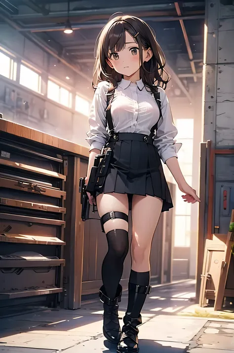 Brown Hair、Staring at the audience　　　Black suspenders　　　bulging big breasts　　 　 　　　wall: 　Black mini skirt　garter　　　　　　sight　　　Small face　Bans 　　　holster　　　Beautiful woman　　Show your hand　　レッグholster ベッドに横たわる　　sight 　Black boots panty shot　Taunt　side　side汗...