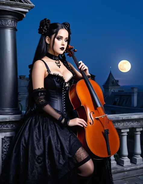 A young woman with long black hair styled in two braids and wears minimal makeup with dark eyeliner, black lipstick, sexy goth, Wednesday Addams (Jenna Ortega). Jenna Ortega as Wednesday Addams. The setting is on the roof top of an old decaying mansion at...