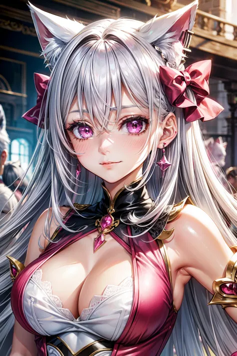 Silver hair, pink eyes, body, cat ears, woman, earrings, fantasy background, pink red clothes, hair bows, happy face