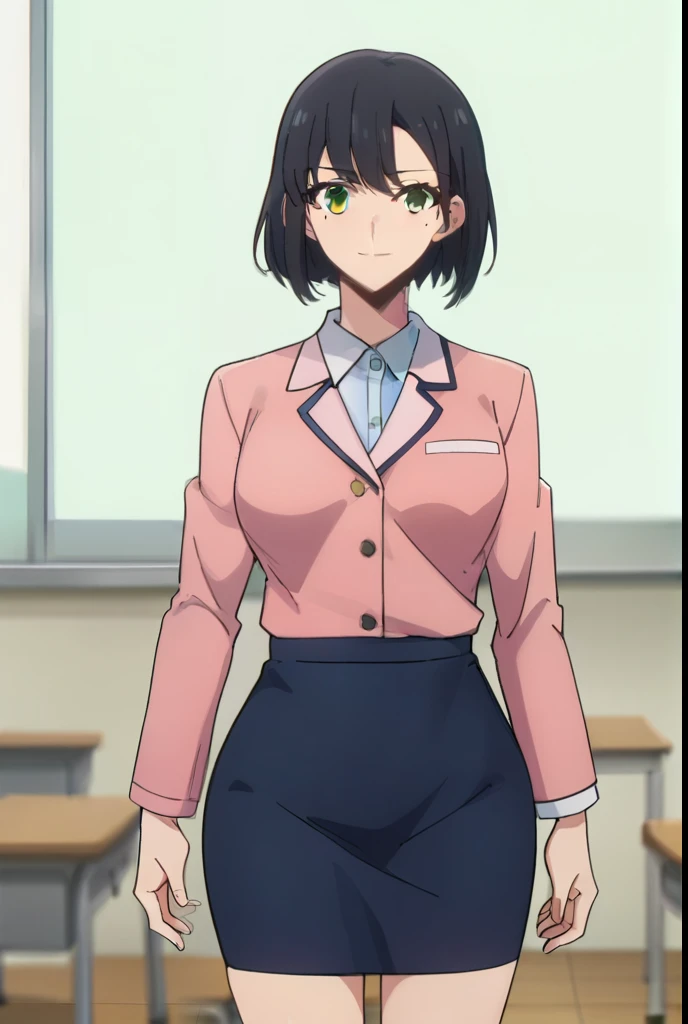 score_9, score_8_up, score_7_up,
HanSongYiSL, 
1girl, solo, closed mouth, light smile,
black hair, medium hair, green eyes, mole under eye,
SongYiSchool, , blue blazer, pink hoodie, pencil skirt, black skirt,
standing, looking at the viewer, thigh gap,
ind...