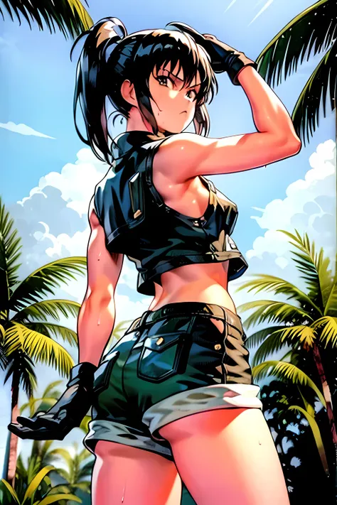 masterpiece, best quality, anime 1990s (style, leona heidern, naked, fully open vest, shorts, jungle, pony tail, wet, serious, gloves, sleeveless 