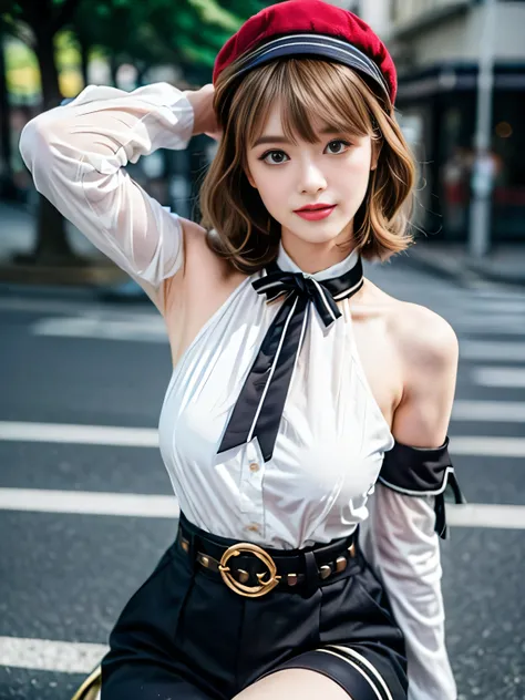 19 years old child, cosplayer, red hat, red gloves, bare shoulders, belt, thigh strap, detached sleeves, white shirt, monocle, jewelry, ribbon, hat feather, legs up, bare shoulders, charlotte (genshin impact), (smile:0.8),upper body, pose, Arms above head ...