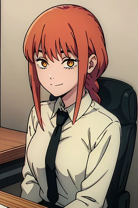 EFT_Makima, sitting, desk, office, closed mouth, smile, squinted eyes, looking at viewer, ringed eyes, black necktie, shirt, yellow eyes, braid, red hair, collared shirt, white shirt, braided ponytail, bangs, sidelocks