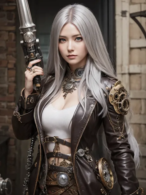 Very beautiful Steampunk lady, long silver hair, steampunk outfit and weapon, hyperrealism, photorealistic, 