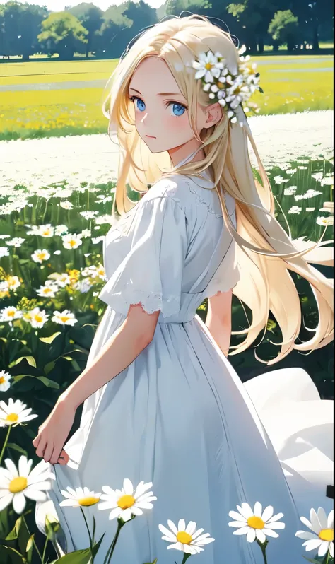 1girl,in a field of flowers,white flower,looking at viewer,blue eyes,blonde hair,daisy,long hair,pure white dress,