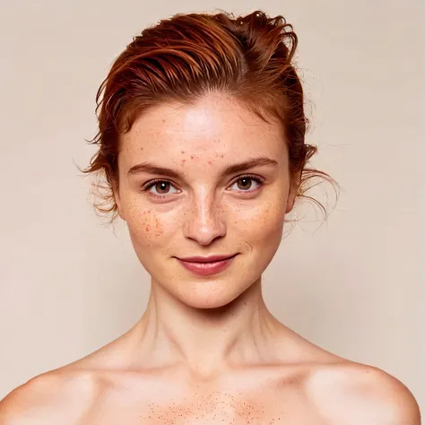 a close up of a woman with freckles on her chest