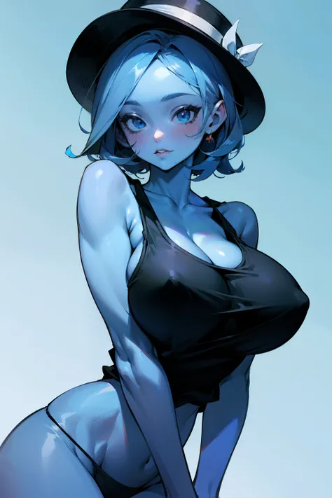 Cute girl, Smurf hat, blue skin, black tank top, panties, big boobs