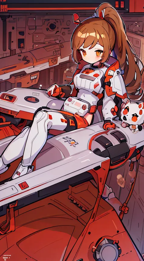 1GIRL, finely detailed, (best quality), hdr, hi res, high resolution, (masterpiece), absurdres, (intricate details), cute style, ((long brown hair in ponytail)), ((plugsuit)), battle suit, ((red and white clothes)), ((mecha style clothes)), beautiful face,...