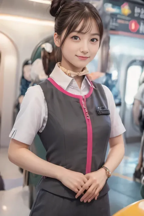 (masterpiece:1.2, Highest quality:1.2), 32k HDR, High resolution, (alone、1 Girl)、(Ride the bullet train、Professional Lighting)、Background in the car、(Realistic style of JR Gran Class crew uniform)、Short sleeve blouse、a scarf around the neck、(JR Gran Class ...