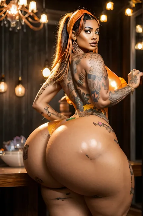 Black woman with tattoos painted in copper colors, laranja e dourado
