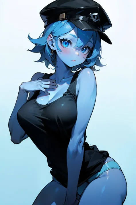 Cute girl, Smurf hat, blue skin, black tank top, panties, big 