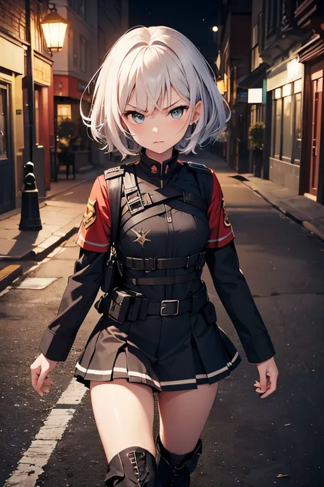 Ultra-detailed,  anime girl, 1girl,  short white hair,  angry face,russian  , militar ,boina militar ,soldier  uniform, tatico style, bulletproof vest  , flat chest,  loli body, coldrer  , skirt,  long boots , dark street , night.  Menacing.