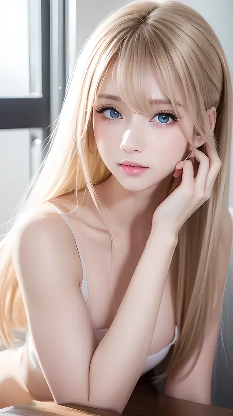 Exceptional sexy beauty、Beautiful, calm and bright expression、Sexy refreshing look、Perfect beautiful pretty face、Very bright, light blue eyes、Short ponytail、Long bangs between the eyes、Long blonde straight hair、Beautiful facial hair、Very cute beautiful sex...