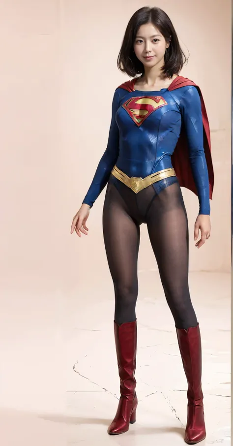 No background、(((Beautiful legs in black tights.)))、(((Legally express the beauty of your smile)))、((((Make the most of your original images)))、(((Supergirl Costume)))、(((Beautiful very short hair)))、(((suffering)))、(((Please wear black tights....、Wear red...
