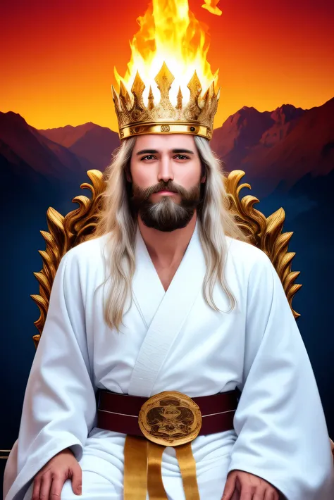 God sitting on a throne, white hair,  white bearded, (long  hair), blue eyes with flames of fire, ssmile, sitting in a throne, (white robe with a gold belt), gold crown on head, looking straight ahead, top of a beautiful mountain, blue sky with clouds, top...