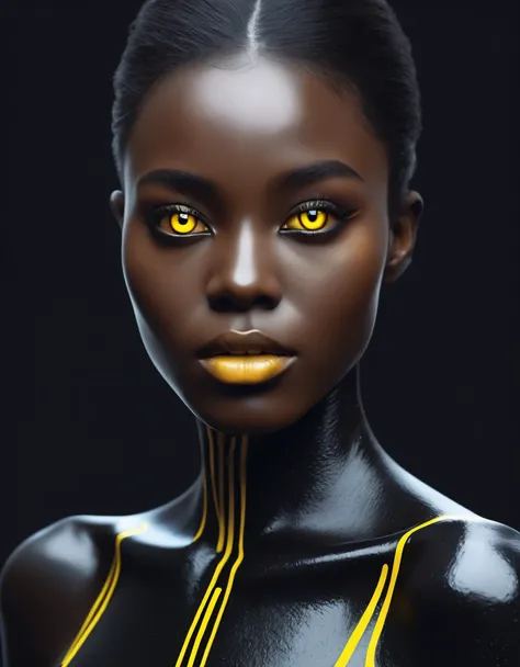 Stunning, pristine futuristic black beautiful woman, with a black background, modern minimalist view with pure black aesthetics, bright yellow eyes, 4K, super detail, anatomically correct, high details, best quality