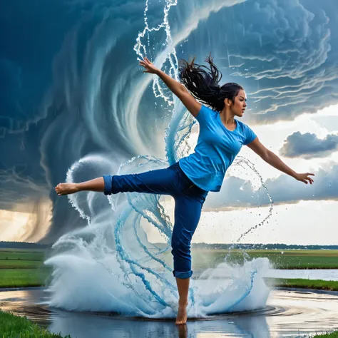 a dynamic scene of a young woman with long, flowing blue hair tied back, wearing a light blue shirt and dark blue rolled-up pant...