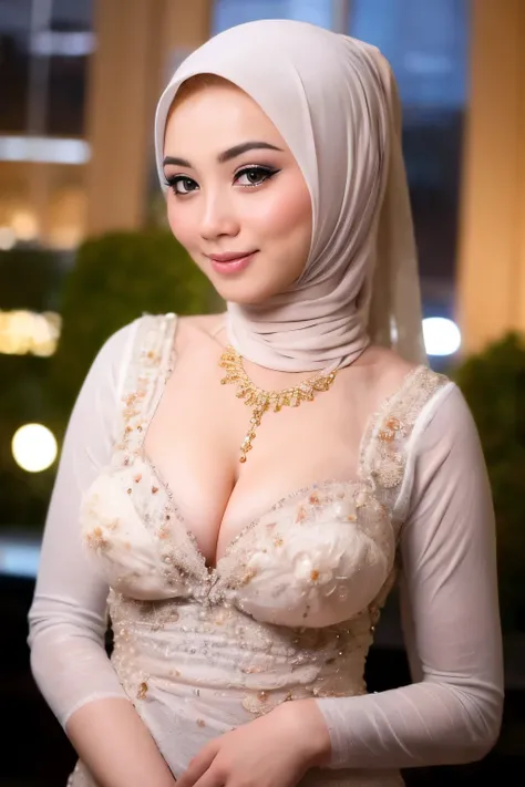 hyper realistic, beautiful, cute face, 18 years old indonesian lolita girl, (wearing hijab), detailed sexy seethru red lace keba...