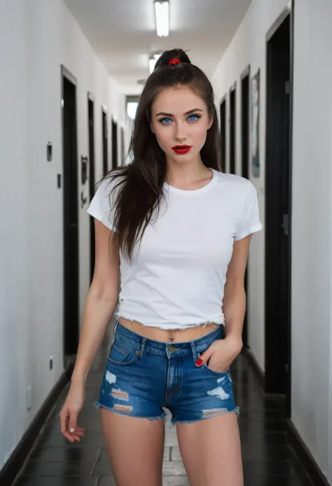 Masterpiece, ((poneyTail)) realist, high resolution, high quality, 4k, cinematic lighting, Stunning brunette, bright blue eyes, smooth black fur, Ripped Skinny Denim Shorts, barefoot, He is wearing a tight white t-shirt, Big and swollen red lips., standing...