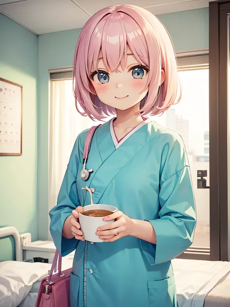 pastel colour, cute女の子 (((a bit))) cute, best smile, short hair, eat miso soup. hospital room,
