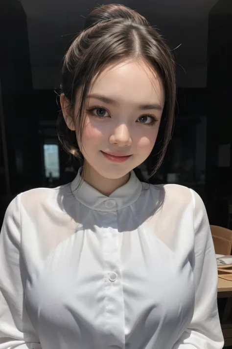 adorable, 1 girl, (face to face), 10 years old, baby face, happy, half body portrait, (face details: 1), (eye details:1), ((big breasts)). wearing transparent transparency long shirt, .. Cute posed. proportional body. Ultra High Res. realistic: 1.4, UHD, (...