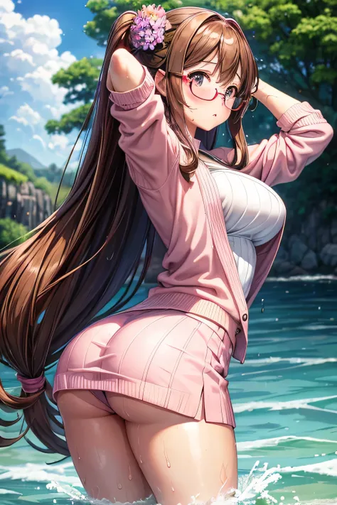 High resolution, high quality, One girl, Anime Girls, Brown long hair, Brown eyes, Pink Glasses, Sunburned skin, Large Breasts, (Big Ass),beautiful ass,pink cardigan,pink skirt,sweat,wet,Embarrassed,arms behind head,standing,(water),(water),hydrangea,(噴wat...