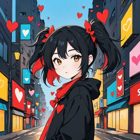 Black Star Red and White style, Simple Line Initialism，Abstract art，Urban Background, colorful hearts ,(((The most beautiful girl of all time))),