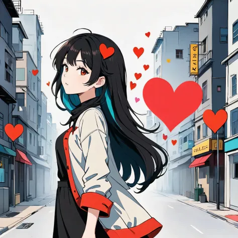 Black Star Red and White style, Simple Line Initialism，Abstract art，Urban Background, colorful hearts ,(((The most beautiful girl of all time))),