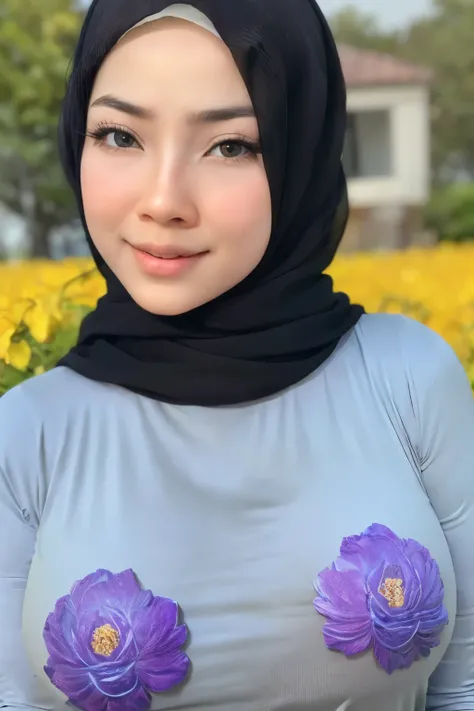 adorable, 1 girl, (face to face), 10 years old, baby face, happy, half body portrait, (face details: 1), (eye details: 1), ((big breasts)). wearing transparent soft purple long shirt, hijab, .. Cute posed. proportional body. Ultra High Res. realistic: 1.4,...