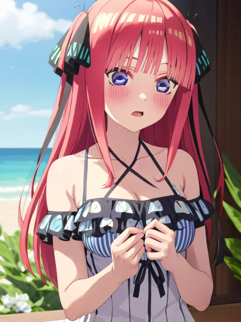 best quality, insanely detailed, nino nakano, breasts, blush, swimsuit, halterneck, striped tops, flower print,