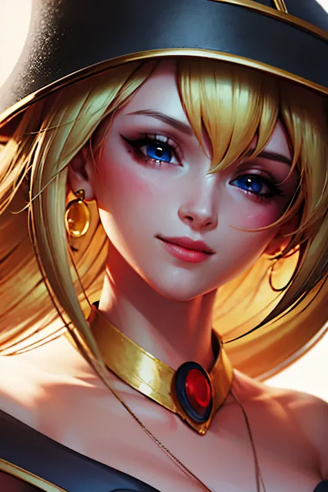 beautiful face of dark wizard gils.. blue eyes. red lips. long blonde hair. gold necklace. gold earrings. smile on his lips. bea...