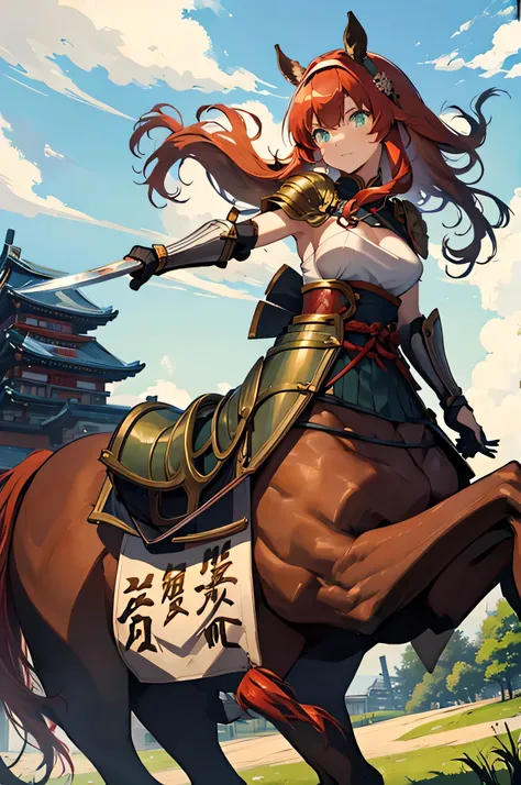 4K,High resolution,One Woman,centaur,Red Hair,long hair,Green Eyes,Brown fur,Samurai,白色のSamuraiの鎧,Full Armor,hair band,Jewelry decoration,Big Japan sword,Japanese Castle Town