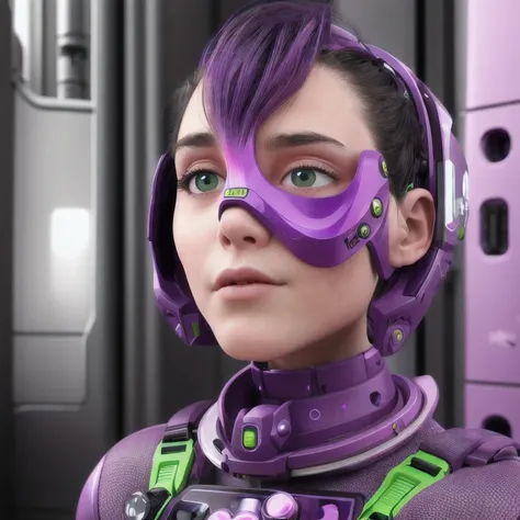 Photo of a college student, Purple Pink, Futuristic space suit, (freckle:0.8) Cute face, Science Fiction, Dystopia, Delicate eyes, Green pupils((side view))
