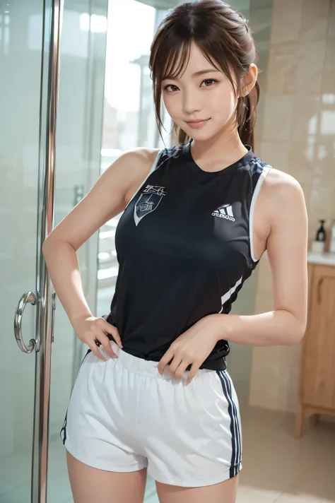 (((1 girl:1.3))), ((20yo:1.3)), 
(modern gym uniform(bare-shoulders, bare-arms, stylish, cool-theme, design with yellow lines, s...