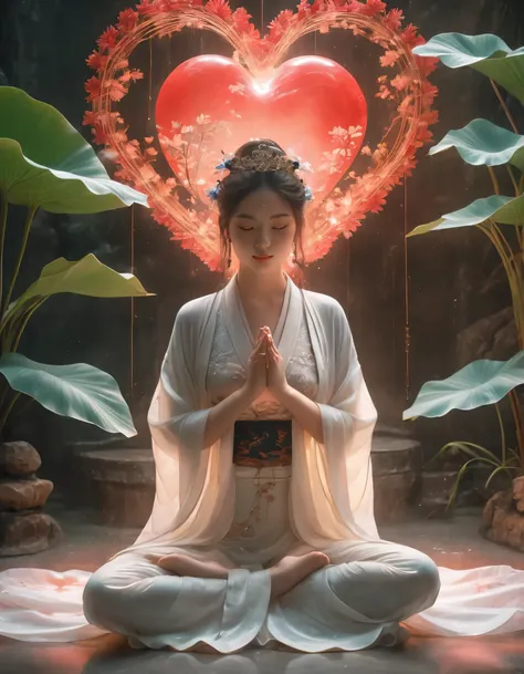 Full-body photo of a courtesan in lotus position,Praying with palms together、Anatomically correct,born, Cinematic shots, (Sharp focus:1.5), (Realistic:1.4), dusk lighting, Volumetric lighting, Ultra-high resolution, 16K,Dramatic lighting, Abstract backgrou...