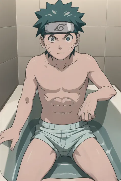 Naruto, shirtless, turquoise briefs, bathtub, 12-year-old boys,