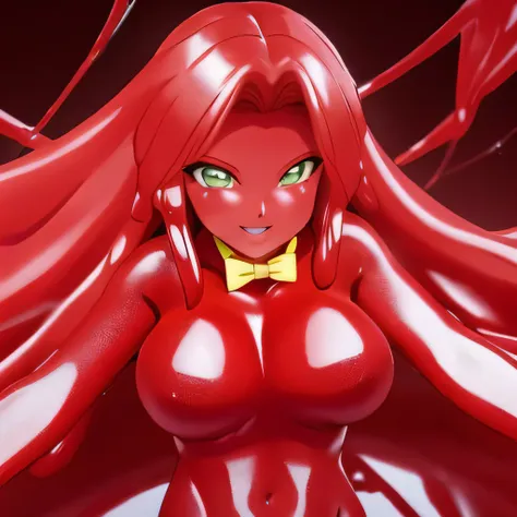 (masterpiece,best quality,ultra-delicate,Perfect Face,16k,high resolution,very beautiful woman),Red Slime Body, Green Eyes, Yellow bow tie,jamanen:1.3,((melting body,Melting legs, melting hair,melting breasts)) ,(huge Breasts),Long Hair,Shiny body,red Mudd...