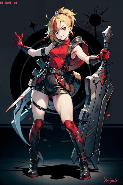 (masterpiece, best quality:1.2), red glowing eyes, red eyes, the eyes are red, perfect face, , strong make up, highres, 1 girl, solo, ultra long ponytail, (female:1.5), strife, blonde hair, shoulder armor, sleeveless turtleneck, suspenders, belt, gloves, b...