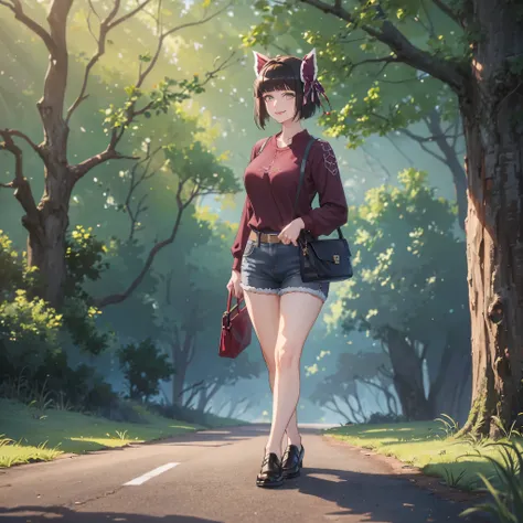 A woman wearing a casual burgundy shirt with a spider web design, with burgundy details, womens denim shorts, exposed thigh, walking on a wide road, with lots of spider webs in the trees, large breasts, green eyes, short black hair, burgundy bow over her h...