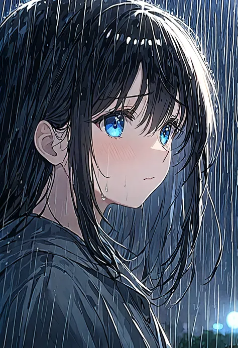 Girl, black hair, blue eyes, wearing a simple , under the rain, the girl turns her face to the sky sadly, under the night rain