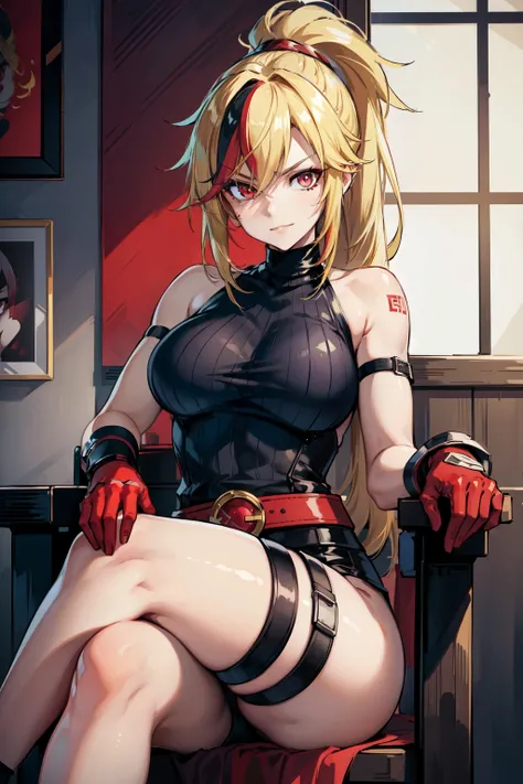 (masterpiece, best quality:1.2), red glowing eyes, red eyes, the eyes are red, perfect face, , strong make up, highres, 1 girl, solo, ultra long ponytail, (female:1.5), strife, blonde hair, shoulder armor, sleeveless turtleneck, suspenders, belt, gloves, b...