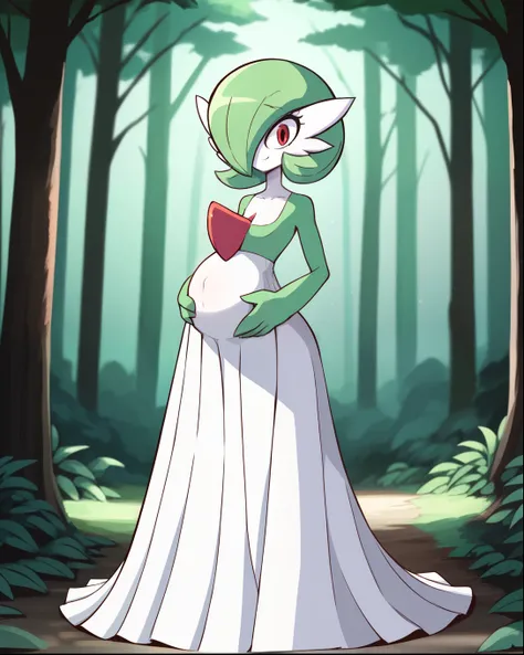 score_9, score_8_up, 1girl, gardevoir, happy, full body, outdoors, human proportions, looking at viewer, by diives, pregnant, pr...