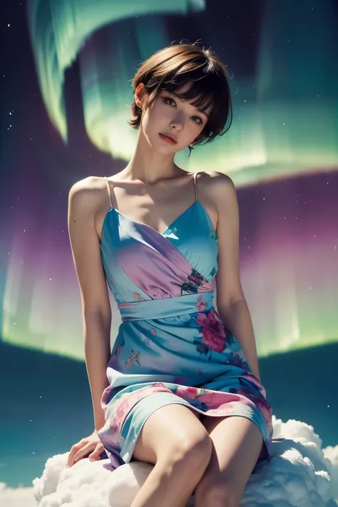 8K, masterpiece, Beautiful woman wearing a multicolored dress sitting on a cloud in the sky, hyperrealism, Aurora,  short cut hair,