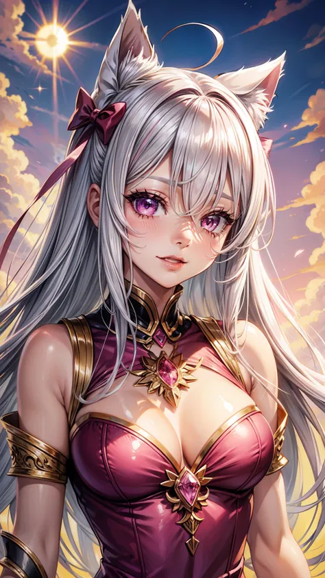 Silver hair, pink eyes, woman, sun and cloud background, pink red gold clothes, hair bows, happy face, fantasy outfit, sexy, cat ears