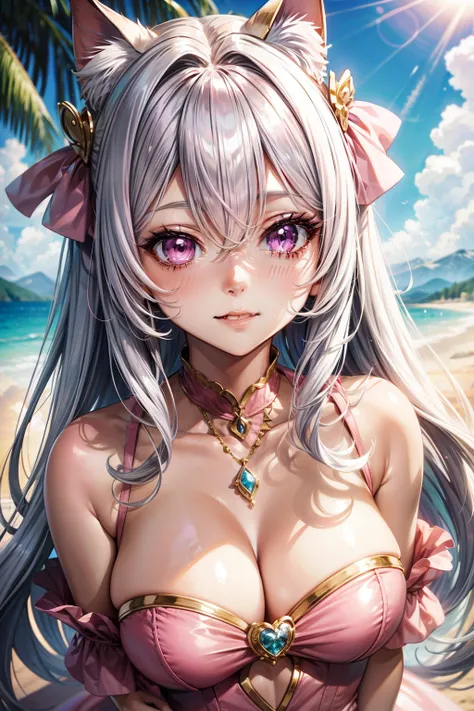 Silver hair, pink eyes, woman, sun and cloud background, pink red gold clothes, hair bows, happy face, mermaid outfit, sexy, cat ears