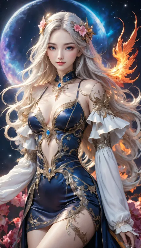 8K resolution, masterpiece, Highest quality, Award-winning works, unrealistic, From above, erotic, sole sexy lady, healthy shaped body, 22 years old, white mage, 170cm tall, huge firm bouncing busts,, white silver long wavy hair, Detailed facial depictions...