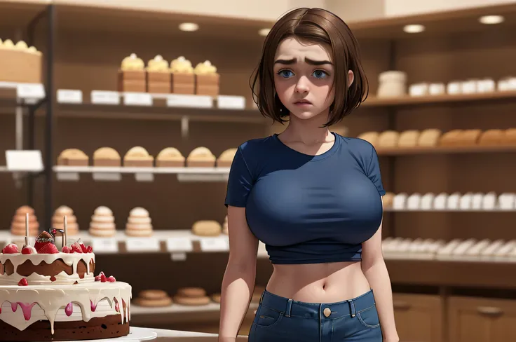 Maisie Williams, (Maisie Williams:1.3), masterpiece quality, best quality, realistic, (realistic:1.3), detailed, realistic, 1girl, alone, (solo:1.9), english women, 20 years old, young beautiful face, short hair, brunette, (brunette:1.5), in a bakery, lots...